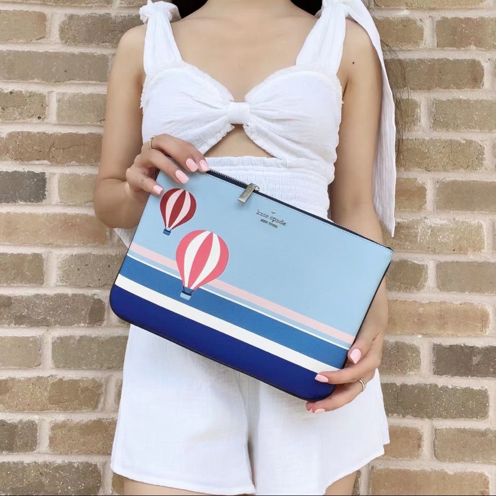 Kate Spade Up up And Away Hot Air Balloon Large Zip Pouch Blue Multi Leather